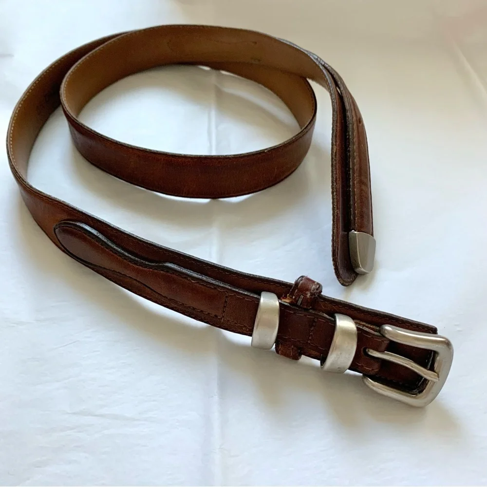 VTG LL Bean Vintage Brown Leather Belt with Silver Hardware Mens 36